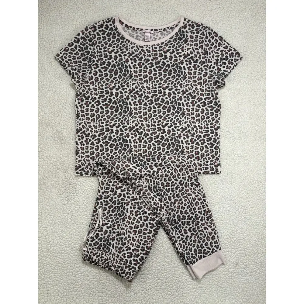 Victoria's Secret Waffle Knit Lounge Set Leopard Tee &‎ Joggers Size XL Cheetah
